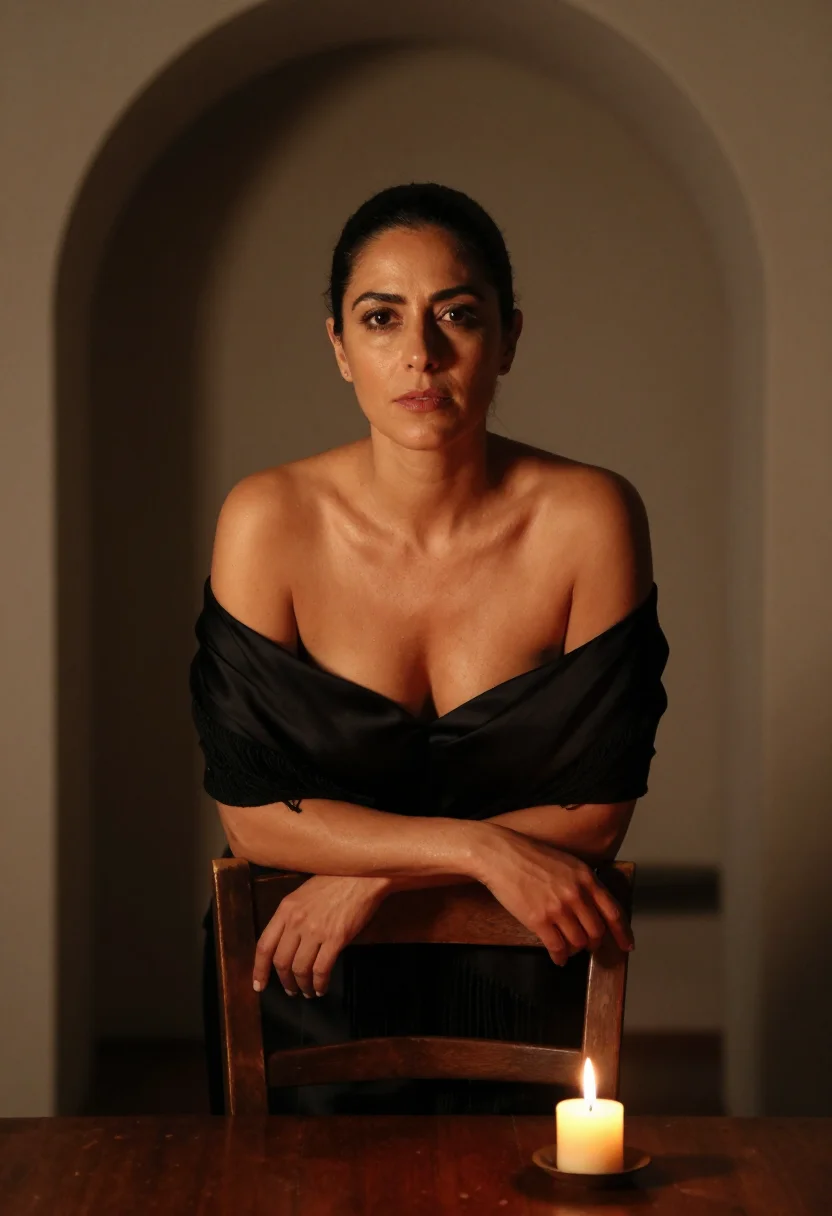 AI fado shawl sample — portrait of a woman, half-length near-frontal view on the wooden chair