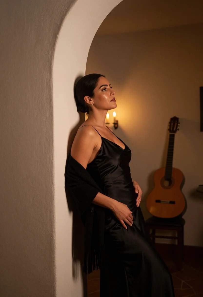 AI fado shawl sample — portrait of a woman, three-quarter-length side view in the candlelight