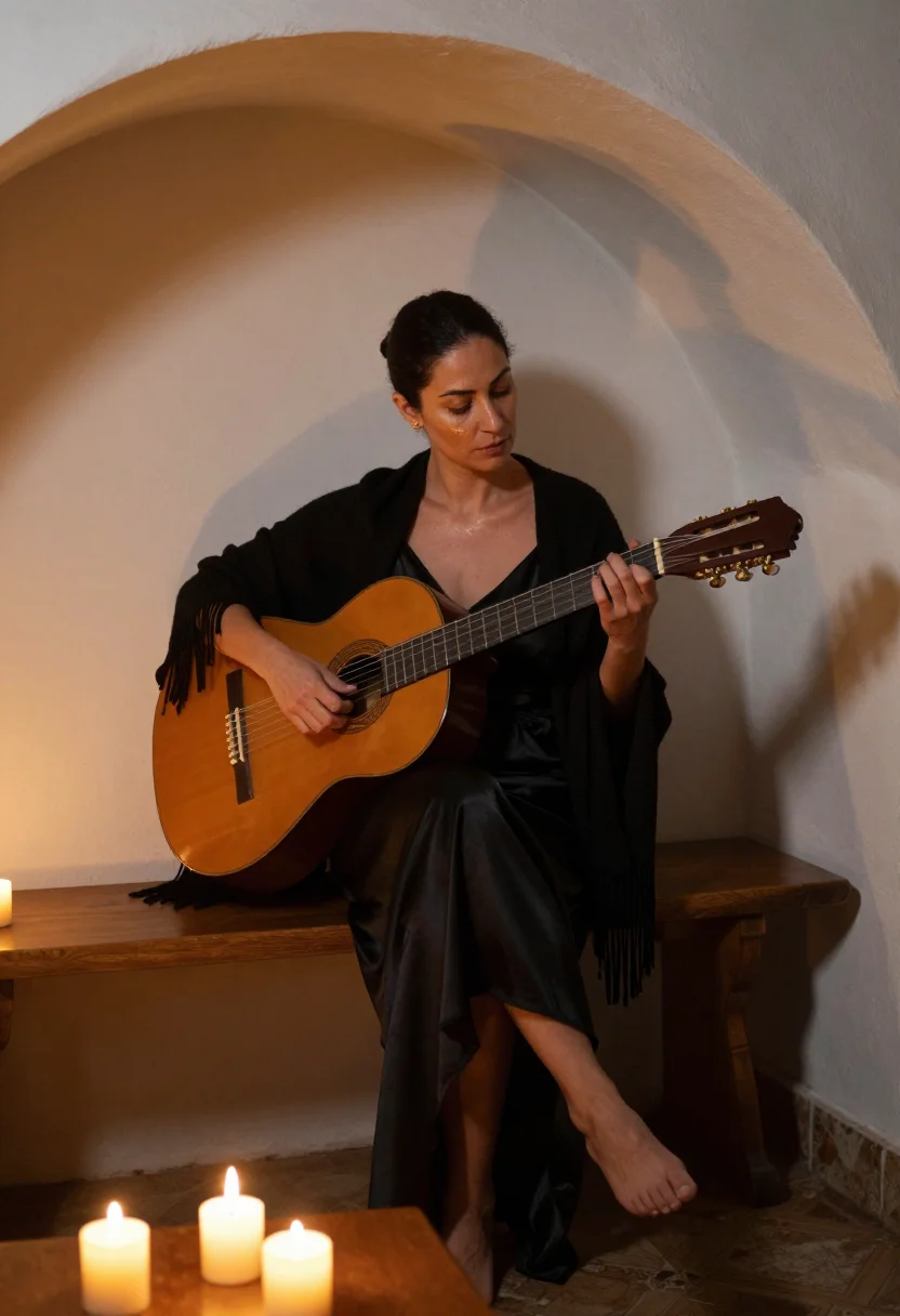 AI fado shawl sample — portrait of a woman, full-length three-quarter view in the long black dress