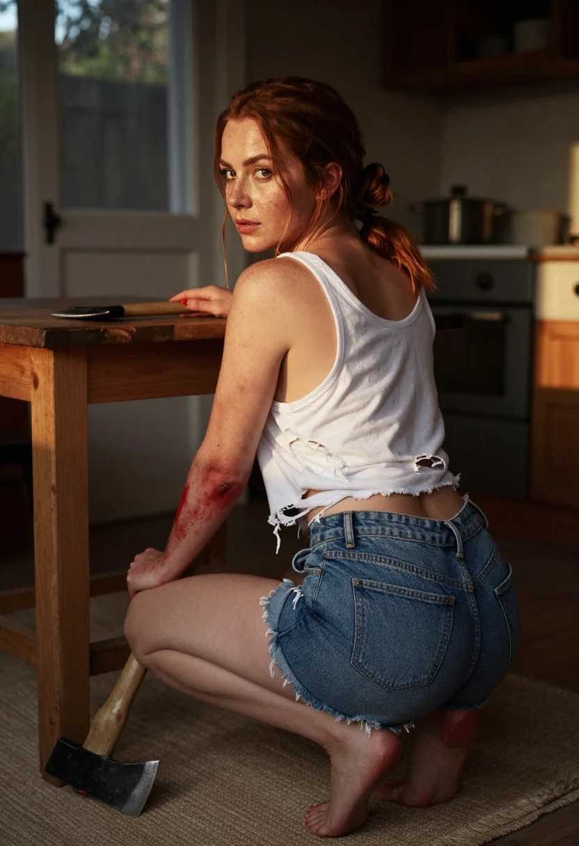 AI final girl sample — portrait of a woman, an adult woman of Northern-European ancestry with the axe resting on the table