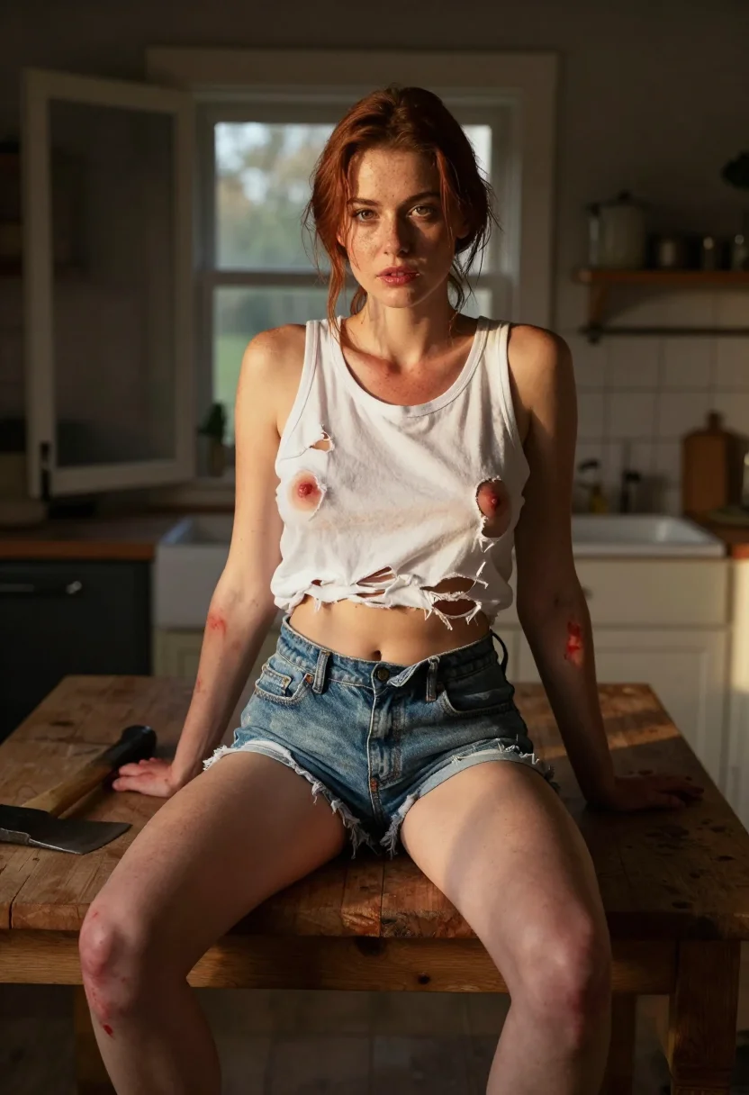 AI final girl sample — portrait of a woman, an adult woman of Northern-European ancestry seated on the table in a flannel shirt over the tank top