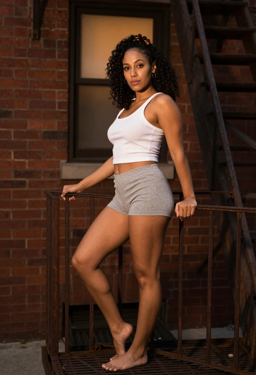AI fire escape summer sample — photograph of a grown woman, Italian-American, in her late thirties