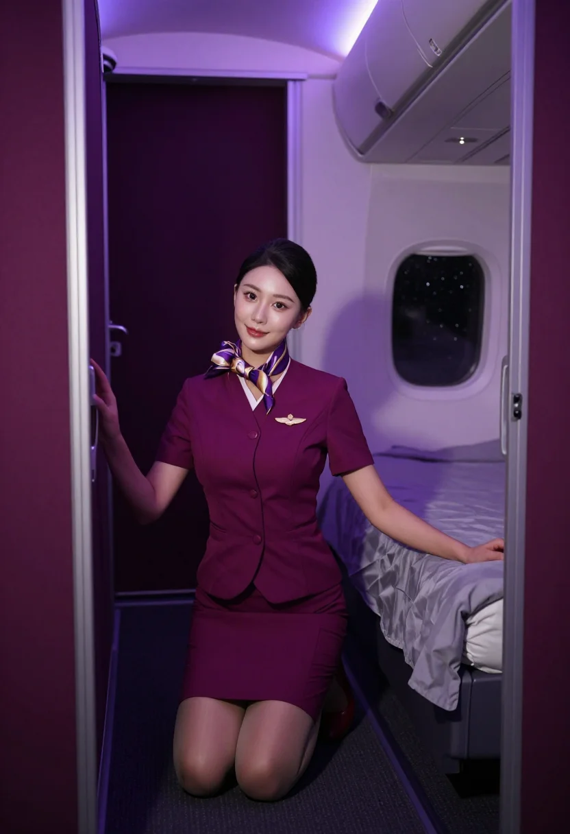 AI first class cabin sample — portrait of a woman, an adult East-Asian woman in her early thirties, kneeling at the suite door