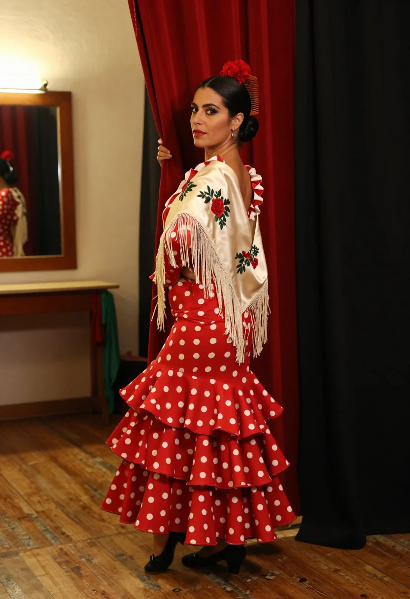 AI flamenco tablao sample — photograph of a grown woman, Andalusian, with warm olive ski
