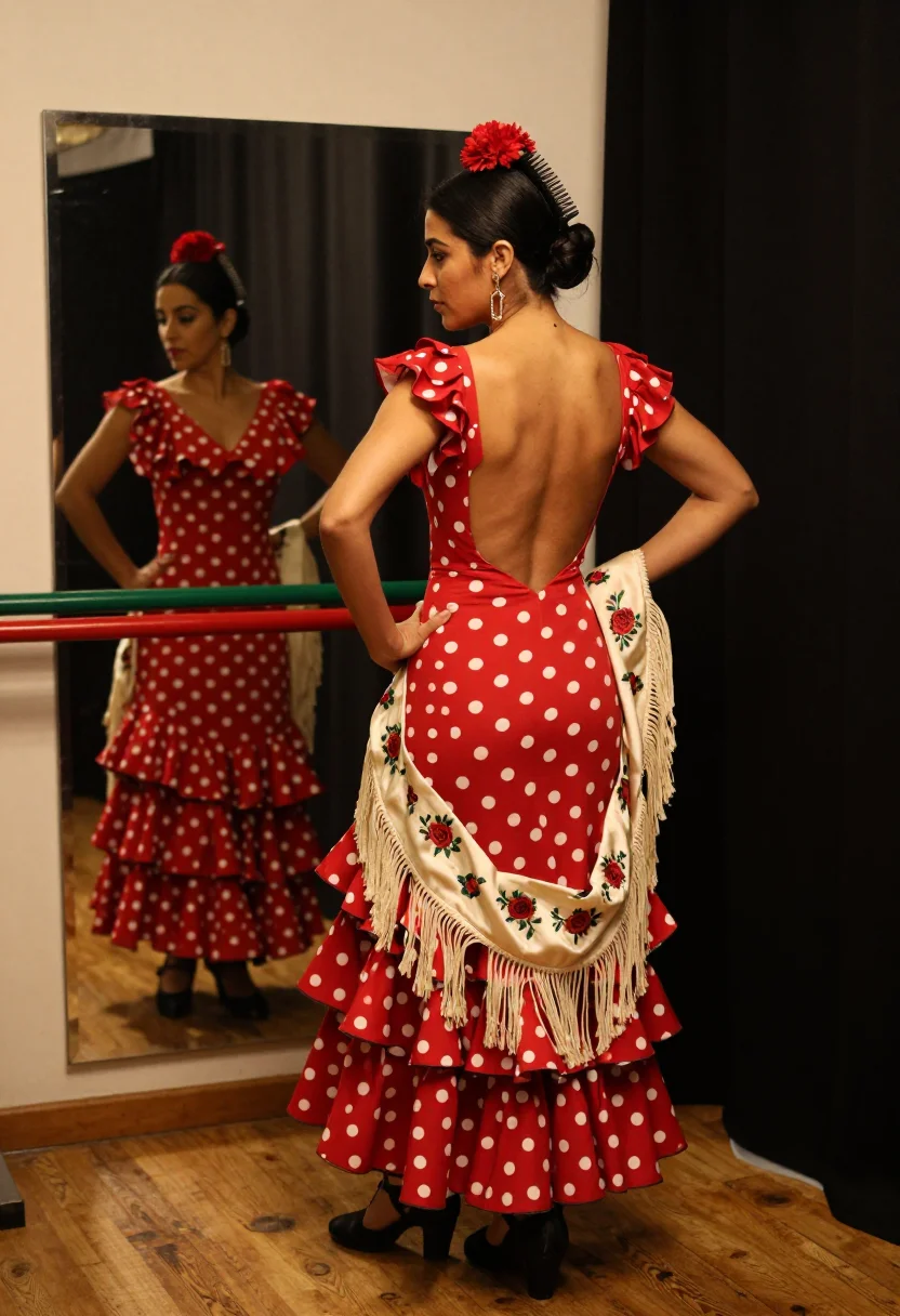 AI flamenco tablao sample — photograph of a grown woman, Andalusian, with warm olive ski