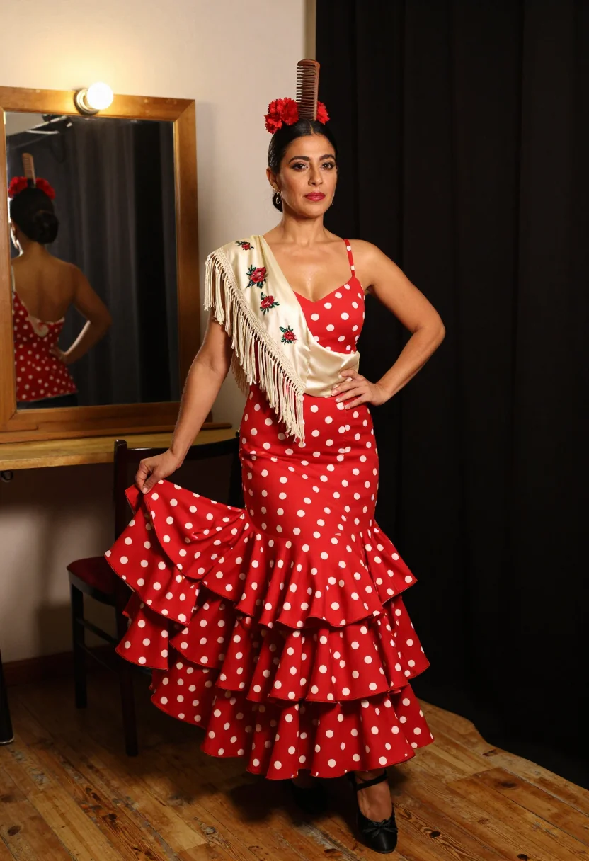 AI flamenco tablao sample — photograph of a grown woman, Andalusian, with warm olive ski