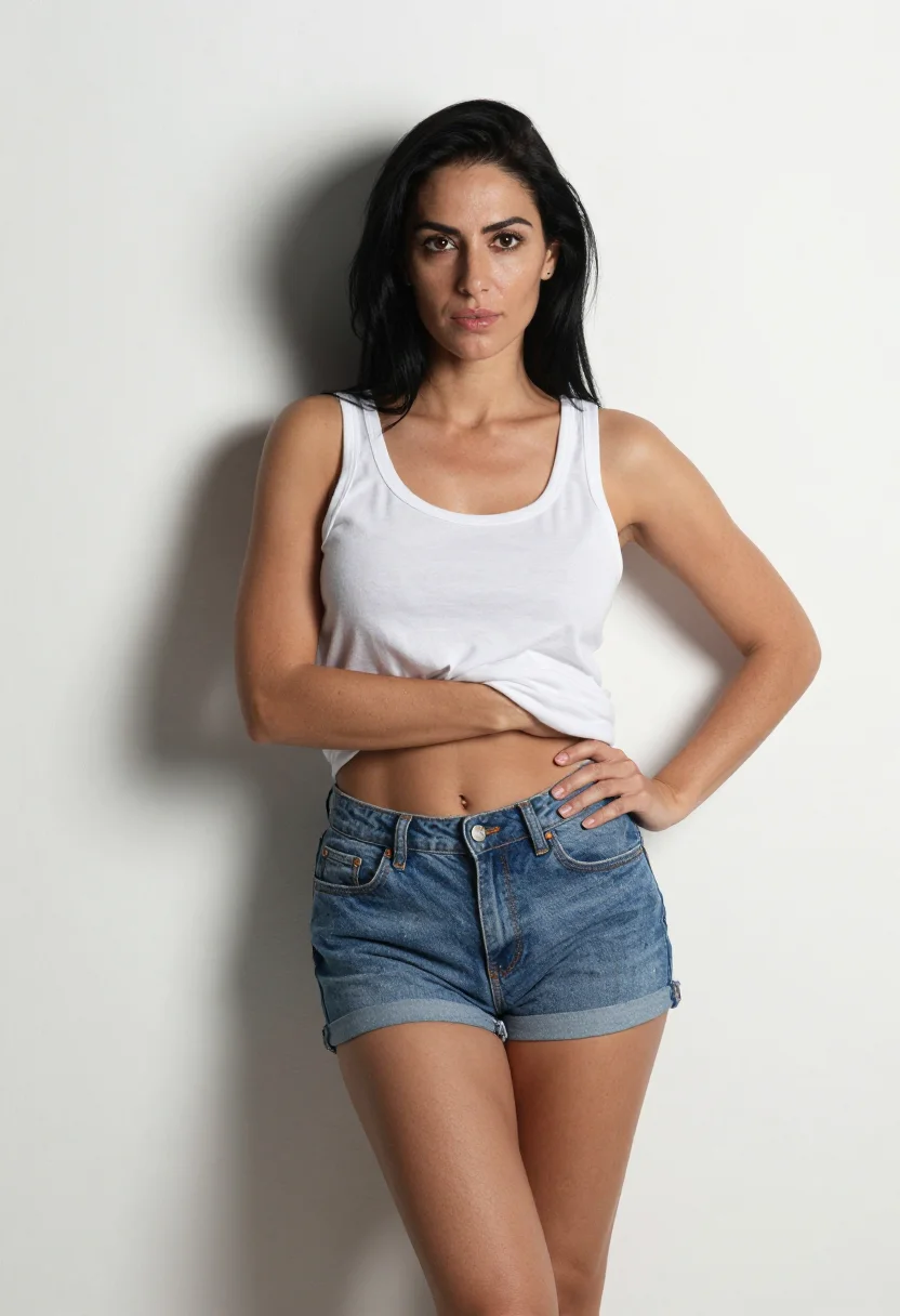 AI flash white wall sample — portrait of an adult woman, three-quarter standing shot in a white tank and denim shorts against a white wall