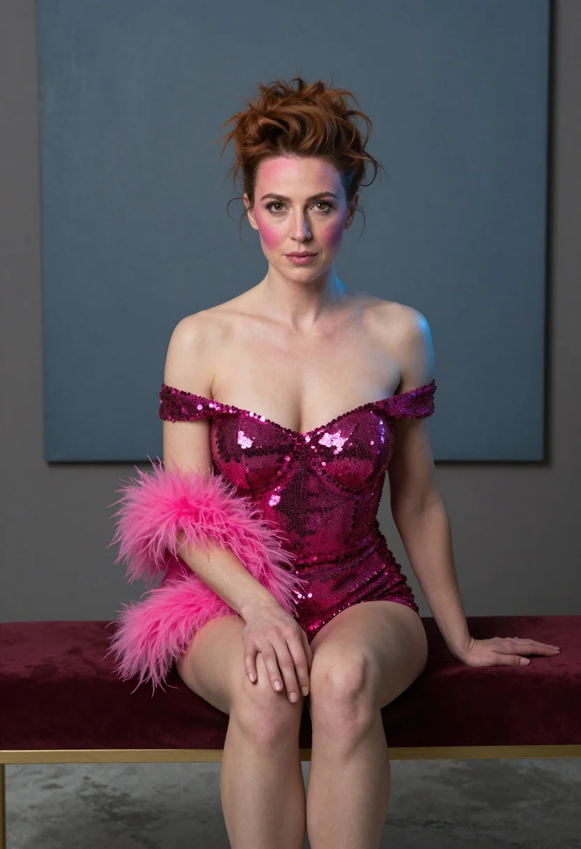 AI gel light glamour sample — portrait of an adult woman, near-frontal medium-full shot