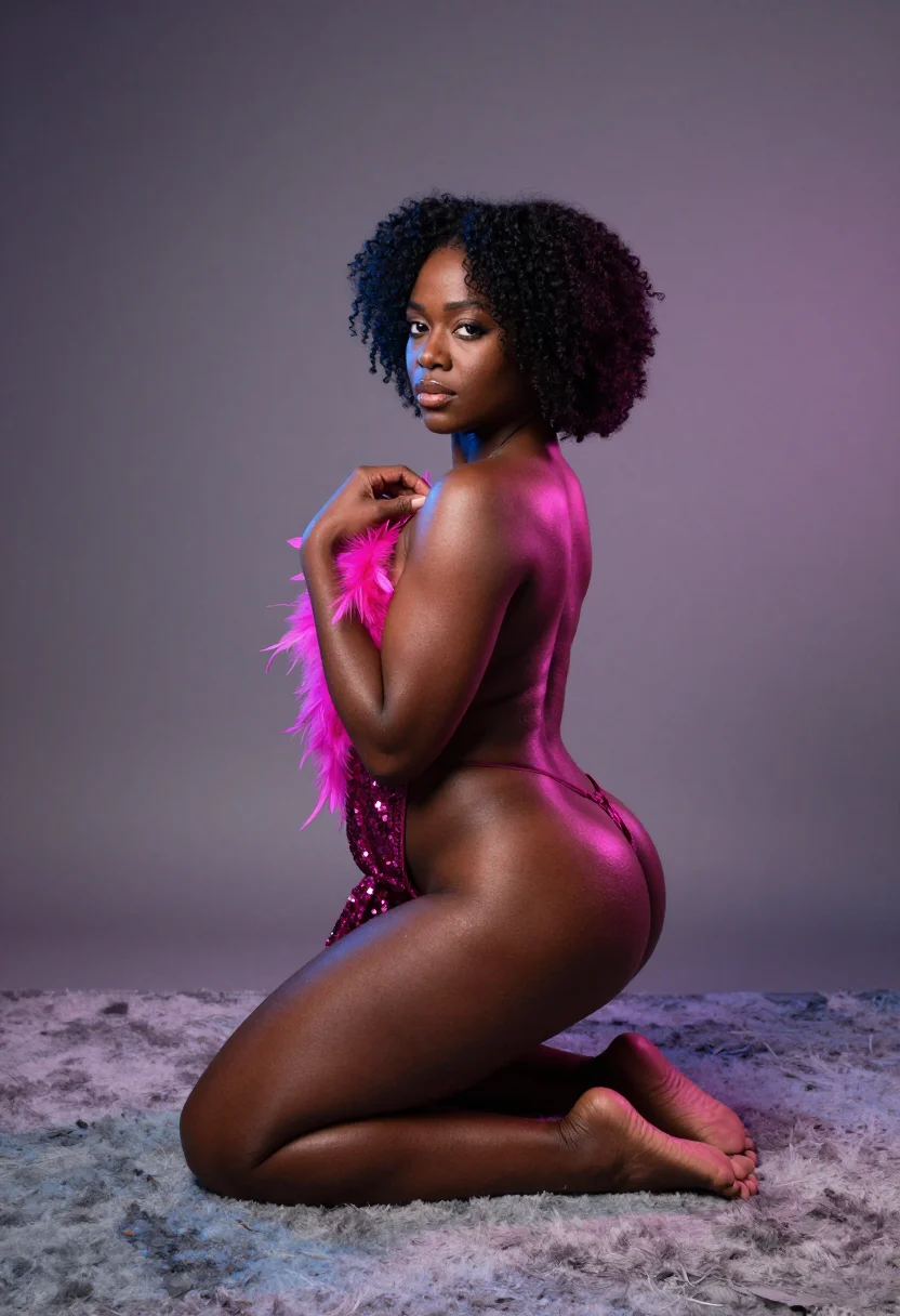 AI gel light glamour sample — portrait of an adult woman, three-quarter rear kneeling shot