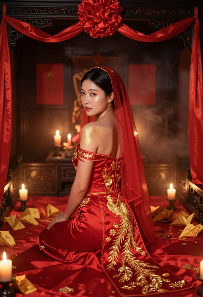 AI ghost bride sample — portrait of an adult woman, the veil lifted back over her hair in the candle haze