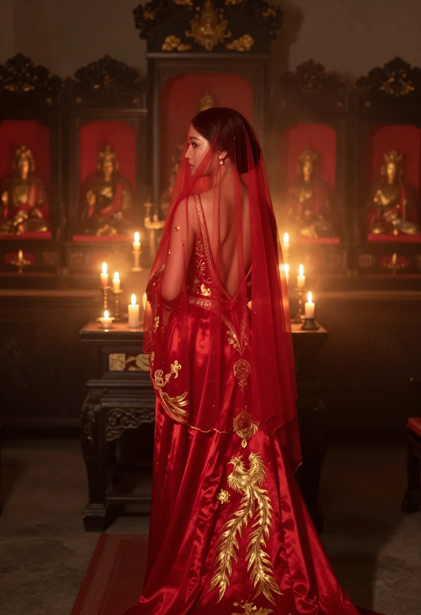 AI ghost bride sample — portrait of an adult woman, side view with gold phoenix embroidery in candle light