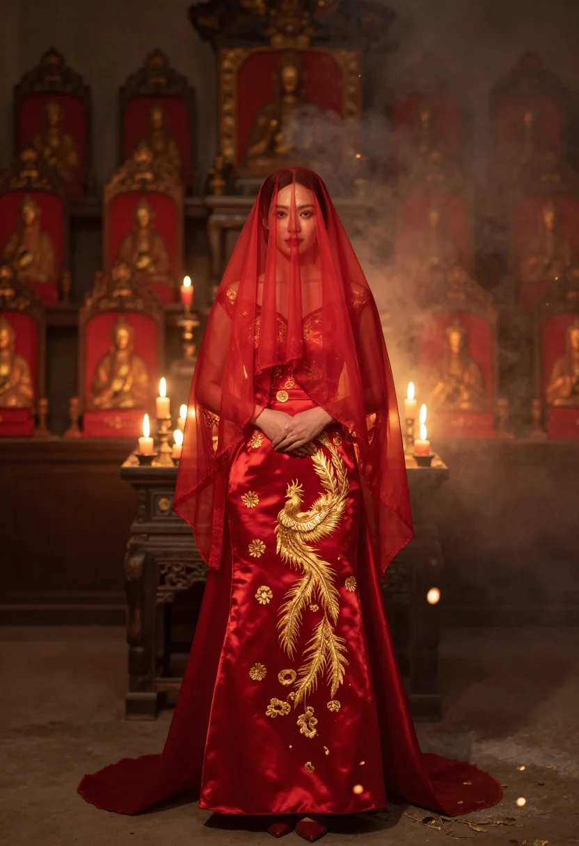 AI ghost bride sample — portrait of an adult woman, in the embroidered red dress and veil before the ancestor tablets