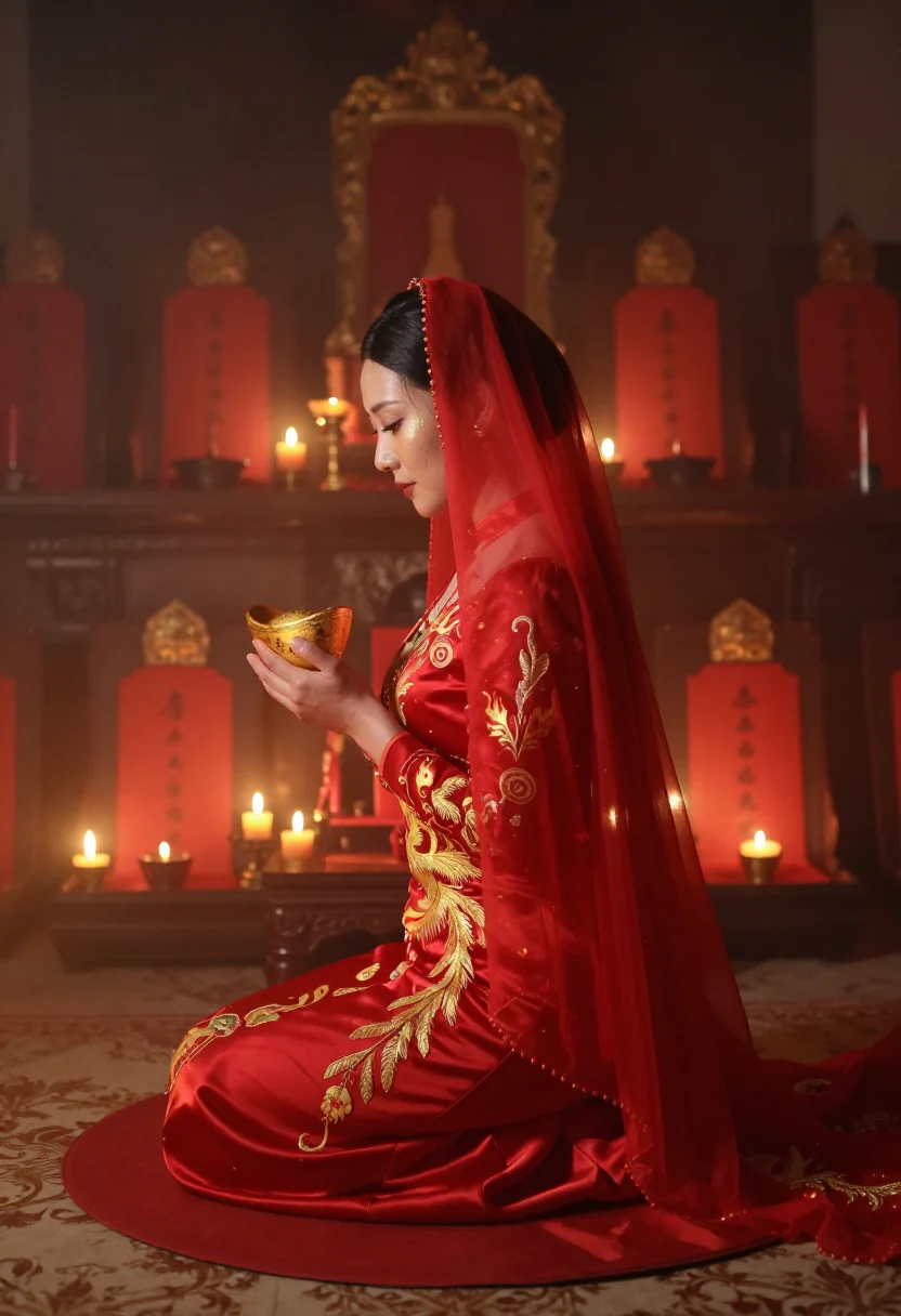 AI ghost bride sample — portrait of an adult woman, three-quarter view under the sheer red veil by the candles