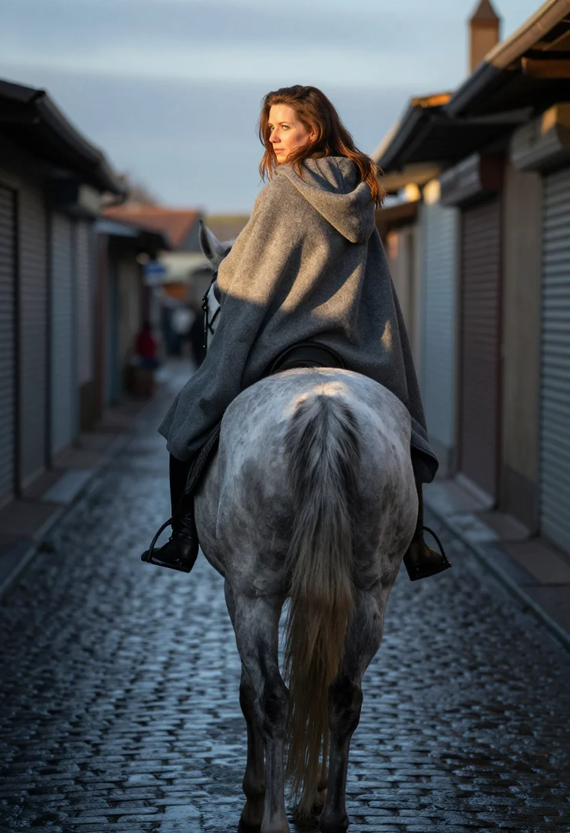 AI godiva ride sample — portrait of a woman, an adult Western-European woman with warm ivory skin, from behind on the mare, the lane's wet cobbles ahead.