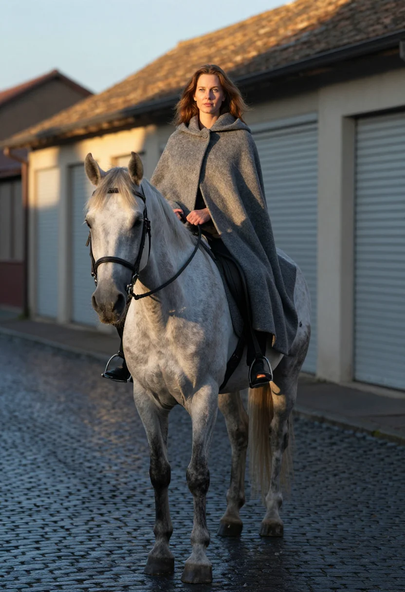 AI godiva ride sample — portrait of a woman, an adult Western-European woman with warm ivory skin, in profile on the mare, the chestnut hair long over the wool.