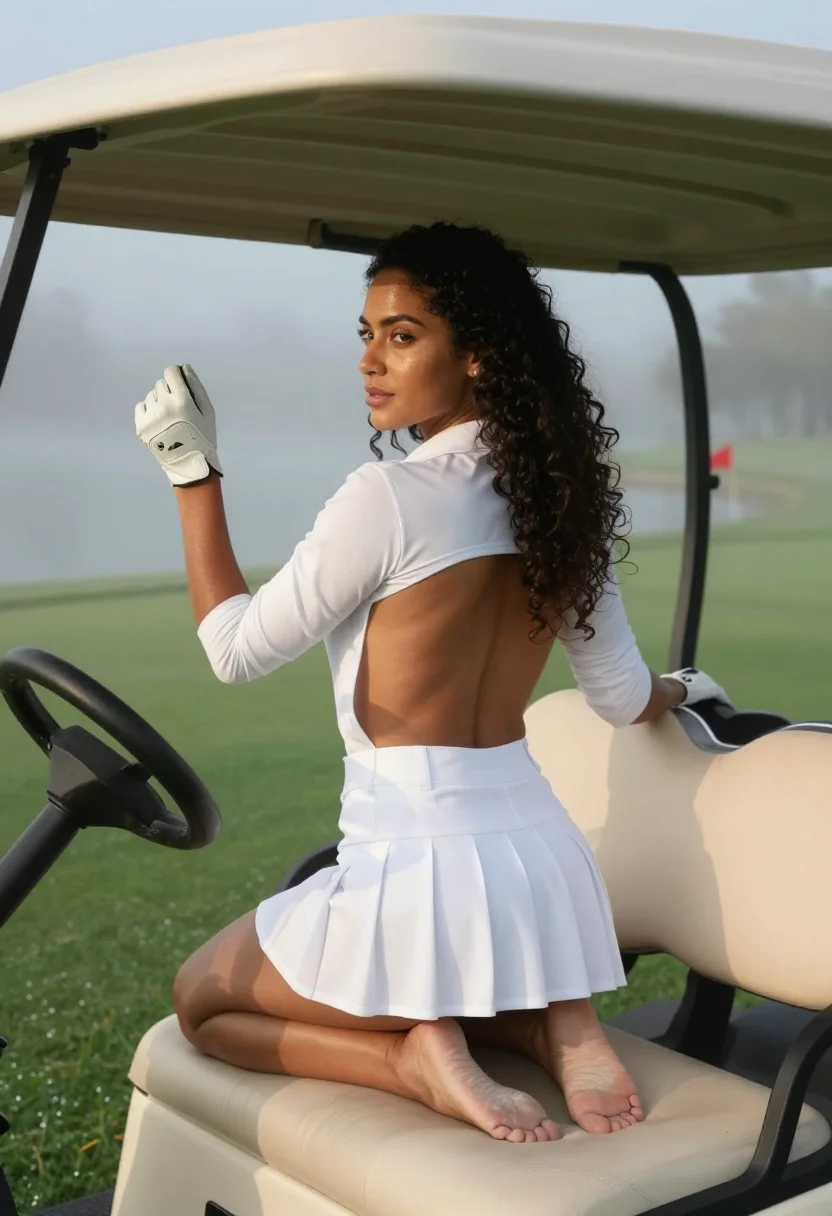 AI golf cart sample — photograph of a woman, three-quarter-length rear view with the mist over the lake