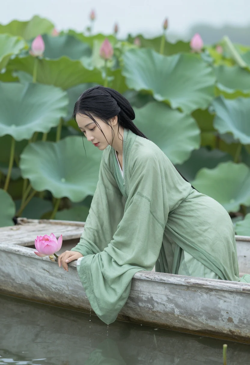 AI hanfu lotus pond sample — portrait of a woman, three-quarter-length side profile in the pond