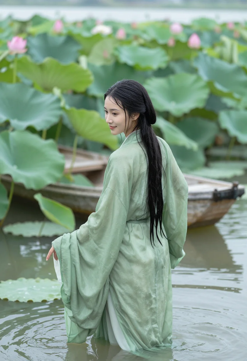 AI hanfu lotus pond sample — portrait of a woman, three-quarter-length rear view in the pond
