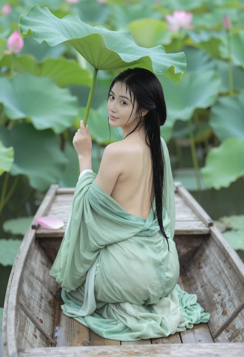 AI hanfu lotus pond sample — portrait of a woman, three-quarter-length rear view in the boat