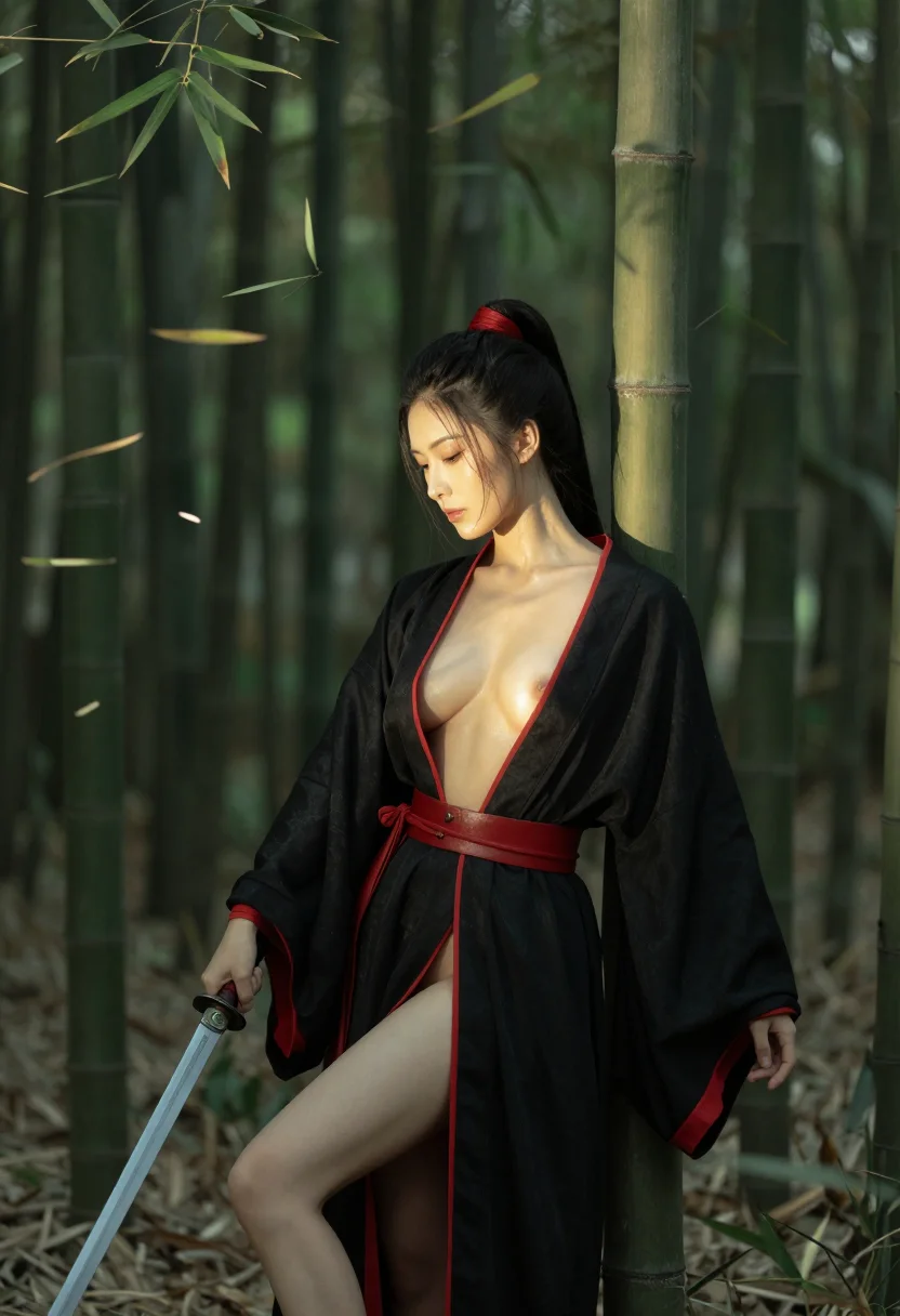 AI hanfu swordswoman sample — photograph of a woman, three-quarter-length three-quarter view with the red belt
