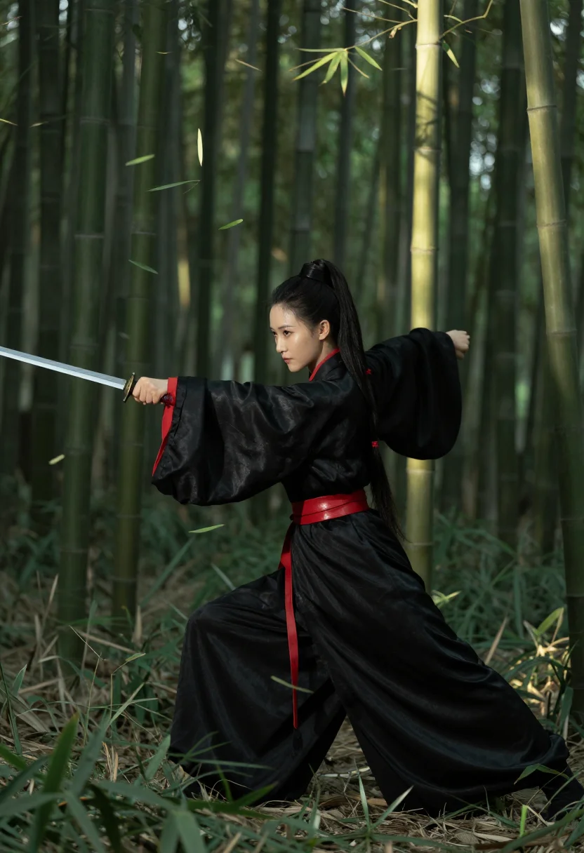 AI hanfu swordswoman sample — photograph of a woman, full-length side profile in the bamboo light