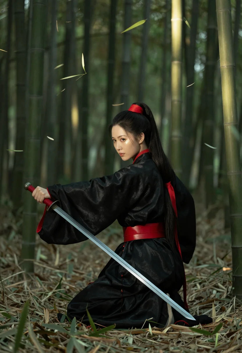 AI hanfu swordswoman sample — photograph of a woman, full-length rear view among the bamboo