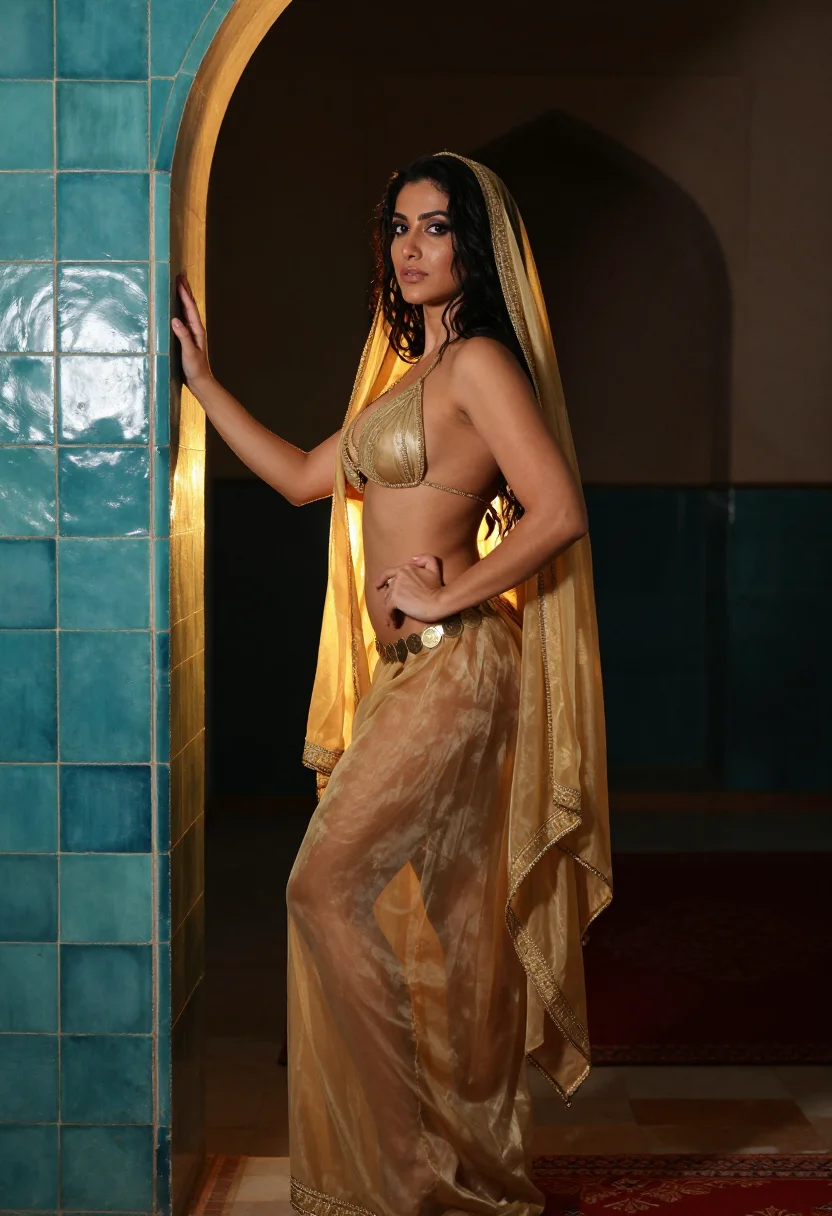 AI harem pants sheer sample — portrait of a woman, an adult Levantine woman of twenty-eigh