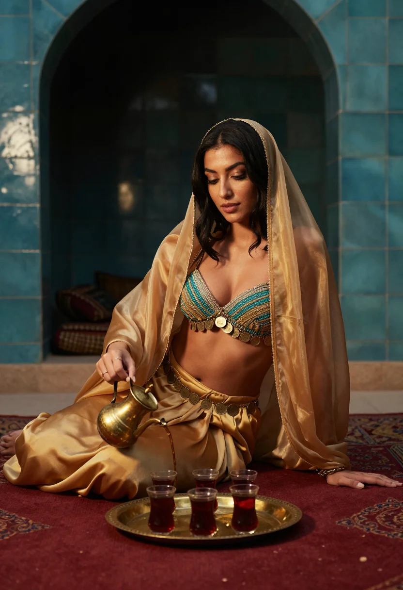 AI harem pants sheer sample — portrait of a woman, an adult Levantine woman of twenty-eigh