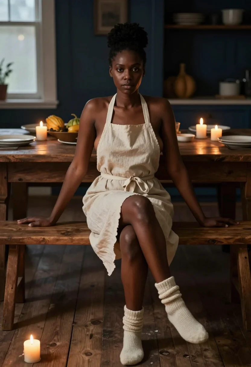 AI harvest kitchen sample — photograph of a grown woman, African-American, with deep bro
