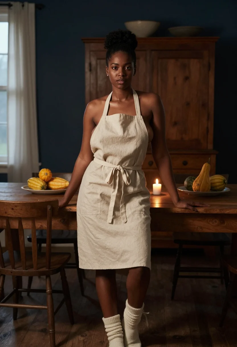 AI harvest kitchen sample — photograph of a grown woman, African-American, with deep bro