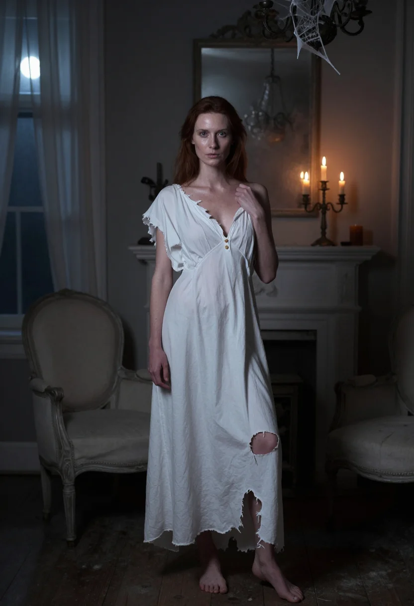AI haunted house sample — portrait of a woman, three-quarter standing portrait of an adult woman.