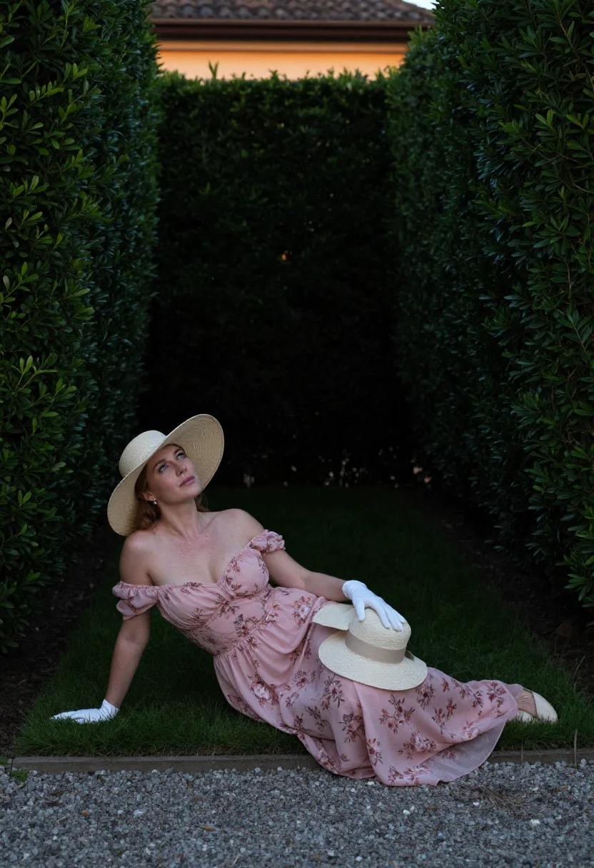 AI hedge maze sample — portrait of a woman, an adult English woman with fair skin, three-quarter view in the dead end of the hedge