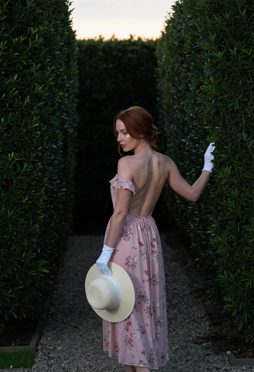 AI hedge maze sample — portrait of a woman, an adult English woman with fair skin, full-length frontal view with the wide hat