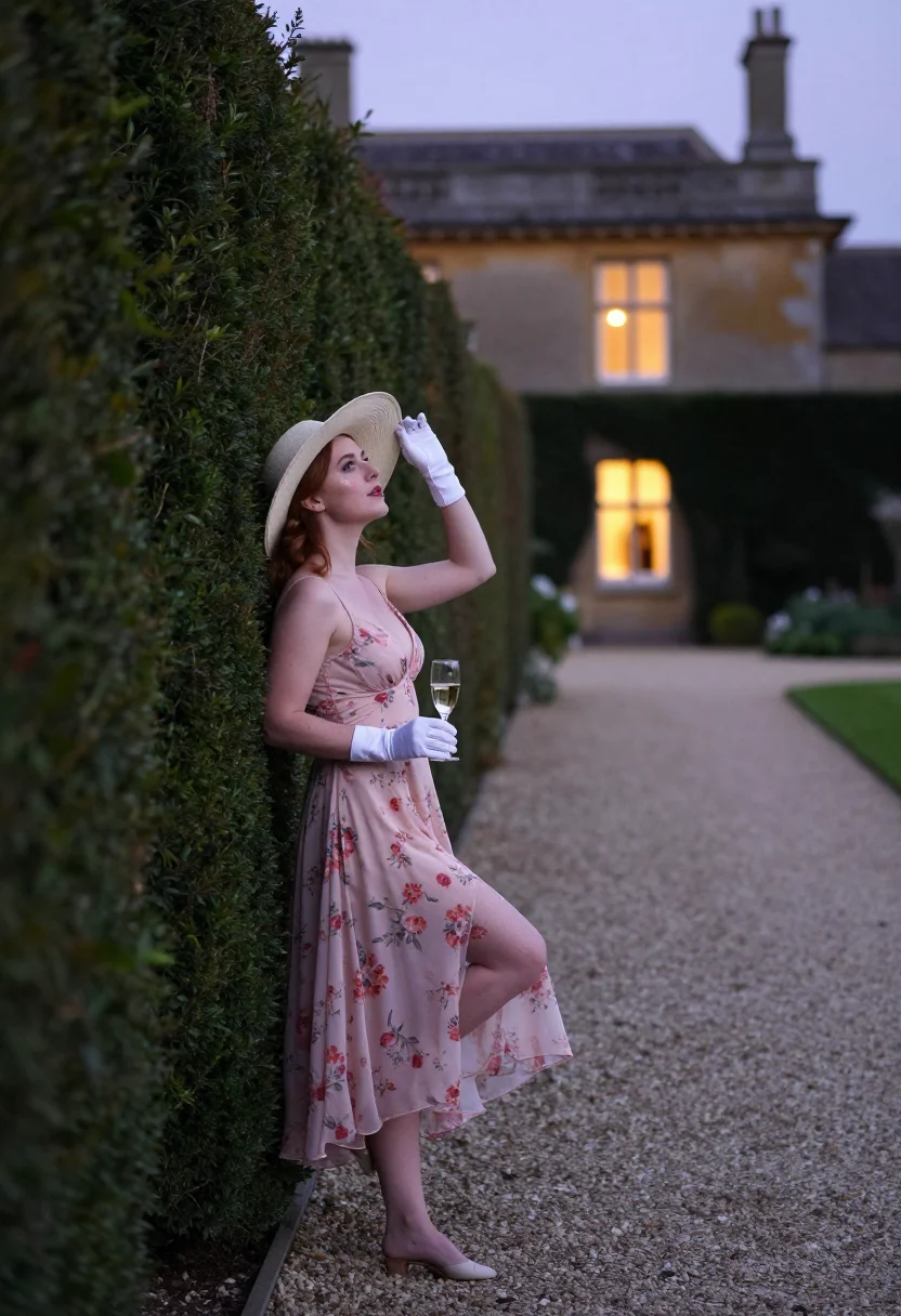 AI hedge maze sample — portrait of a woman, an adult English woman with fair skin, full-length side view between the yew walls