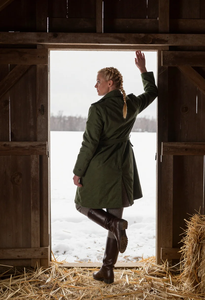 AI helga braids sample — portrait of a woman, full-length rear three-quarter portrait of a grown woman at the loft door