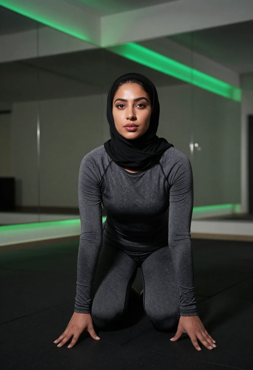 AI hijab gym sample — portrait of an adult woman, one frame of the nine-frame set