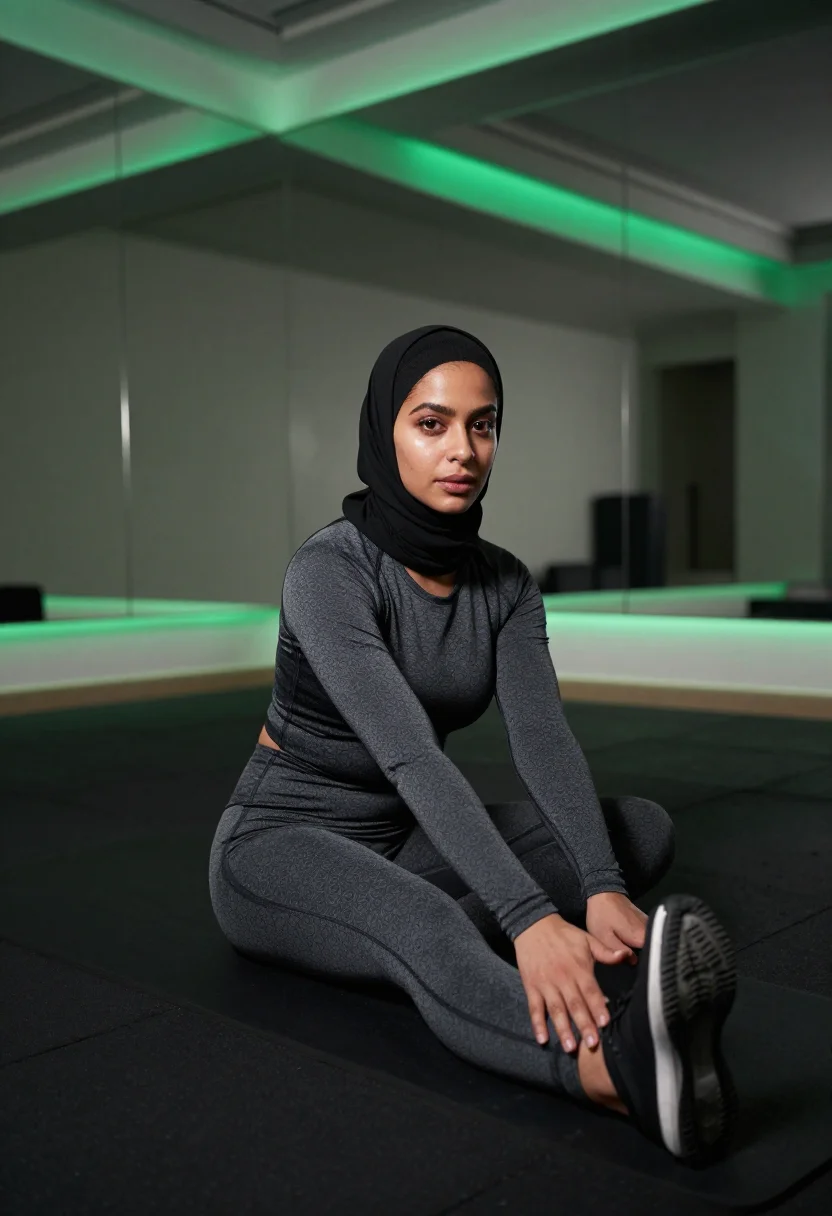 AI hijab gym sample — portrait of an adult woman, one frame of the nine-frame set