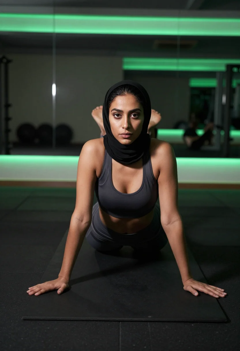 AI hijab gym sample — portrait of an adult woman, one frame of the nine-frame set