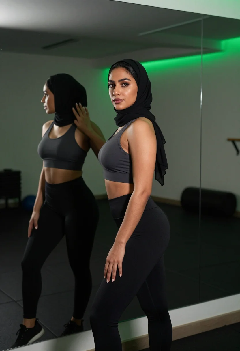 AI hijab gym sample — portrait of an adult woman, one frame of the nine-frame set