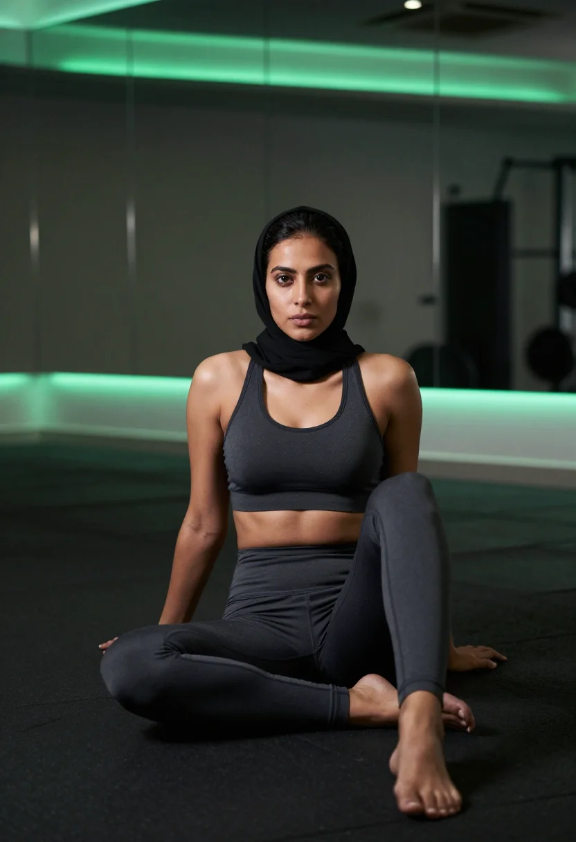 AI hijab gym sample — portrait of an adult woman, one frame of the nine-frame set