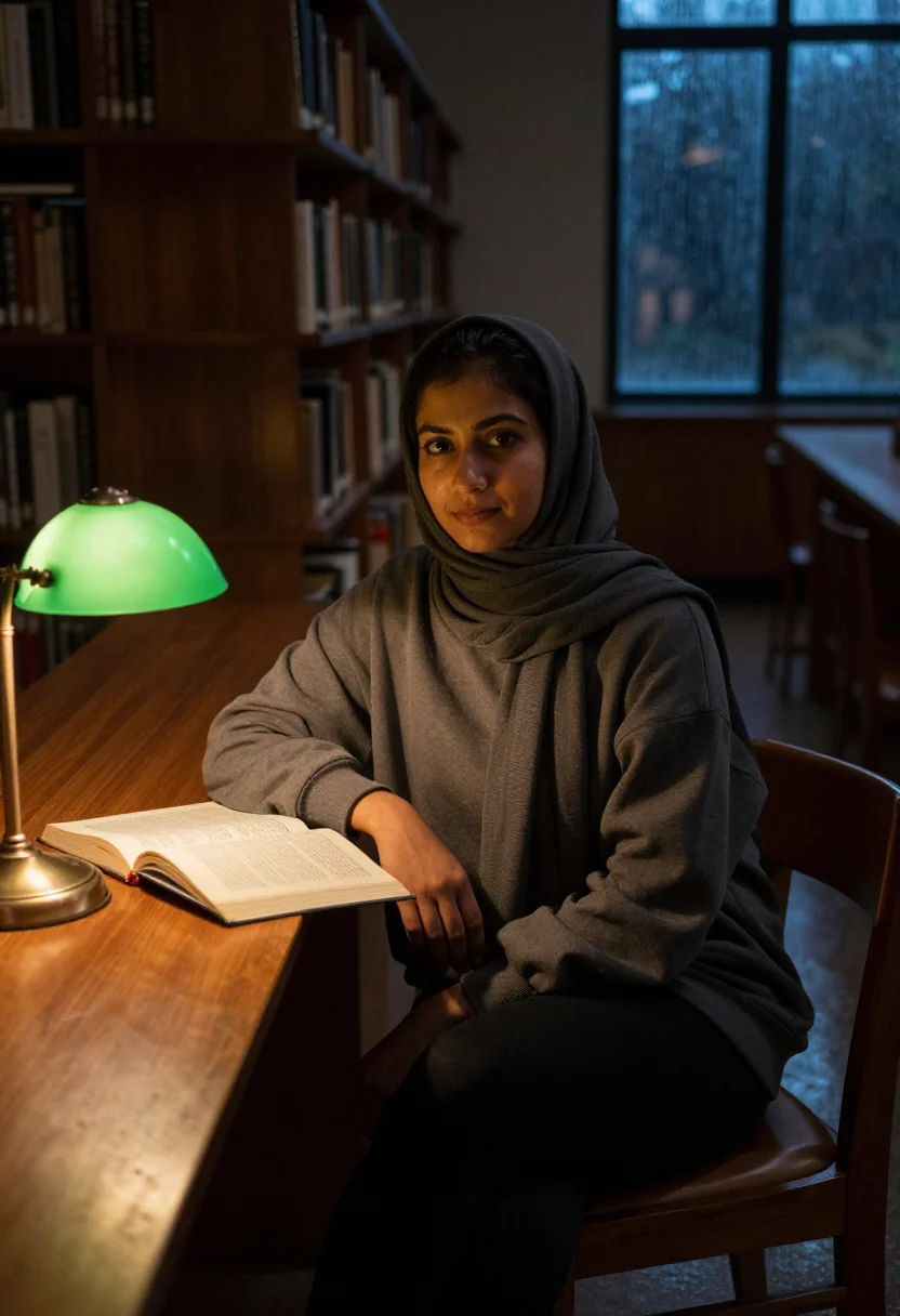 AI hijabi library sample — portrait of a woman, an adult Pakistani woman with warm brow