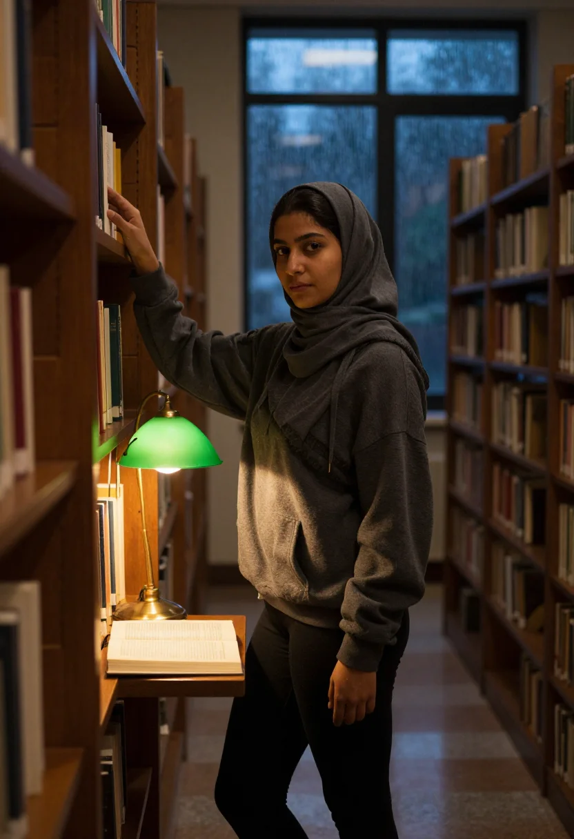 AI hijabi library sample — portrait of a woman, an adult Pakistani woman with warm brow