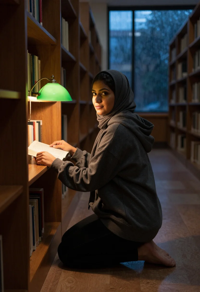 AI hijabi library sample — portrait of a woman, an adult Pakistani woman with warm brow