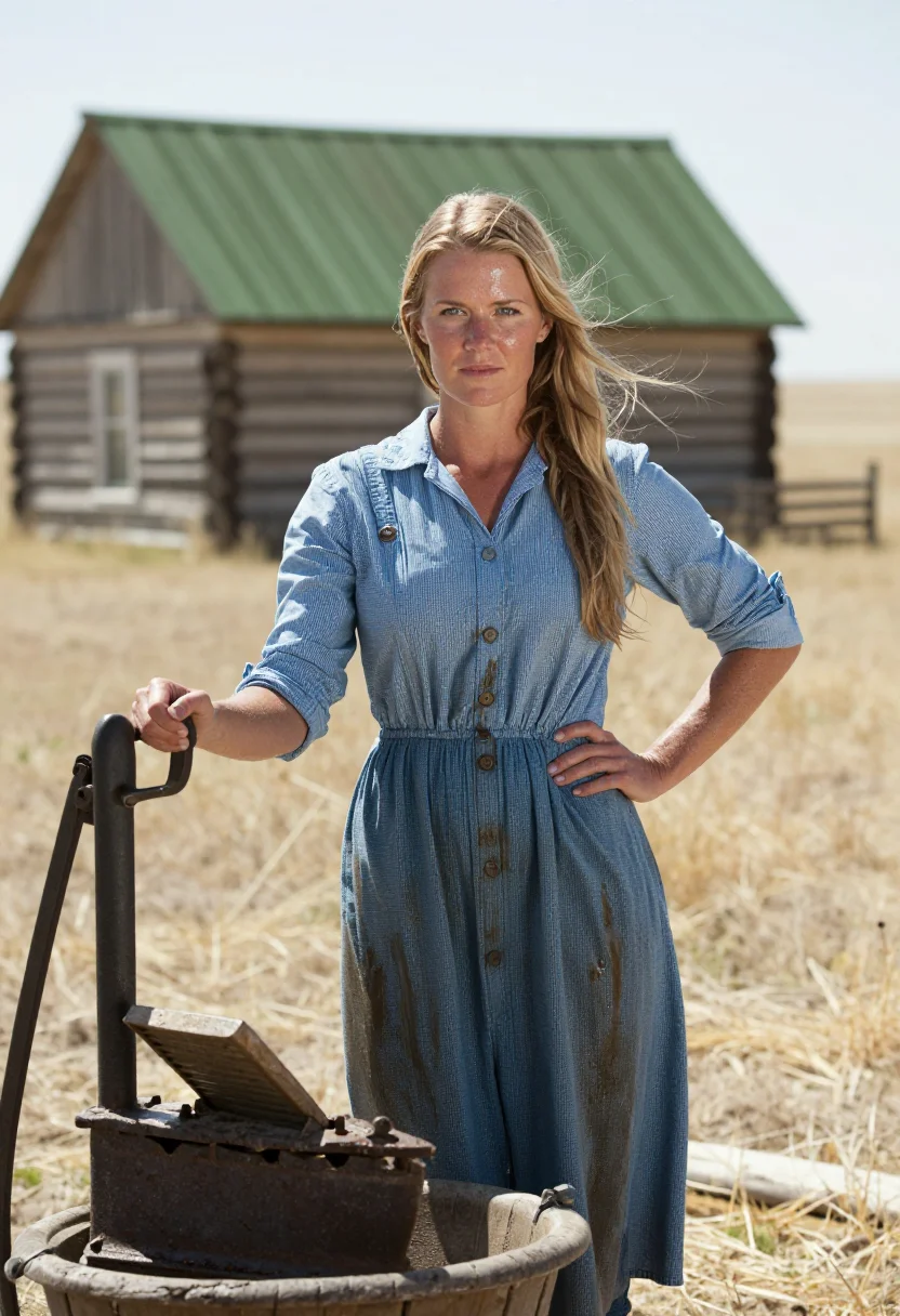 AI homestead sample — portrait of a woman, three-quarter-length portrait of an adult woman at the yard pump, calico soaked dark