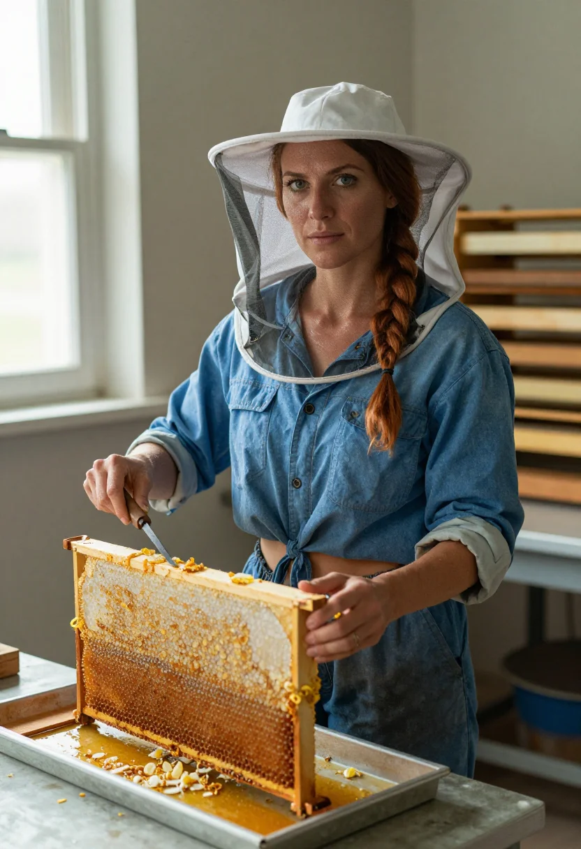 AI honey house sample — portrait of an adult woman with fair rose-gold skin, one frame of the nine-frame set