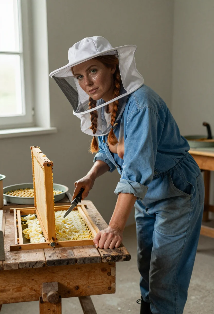AI honey house sample — portrait of an adult woman with fair rose-gold skin, one frame of the nine-frame set