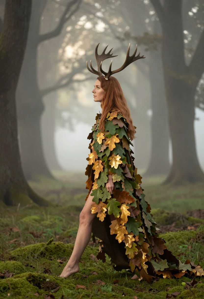 AI horned forest goddess sample — photograph of a woman, full-length side-profile photograph in the oak grove