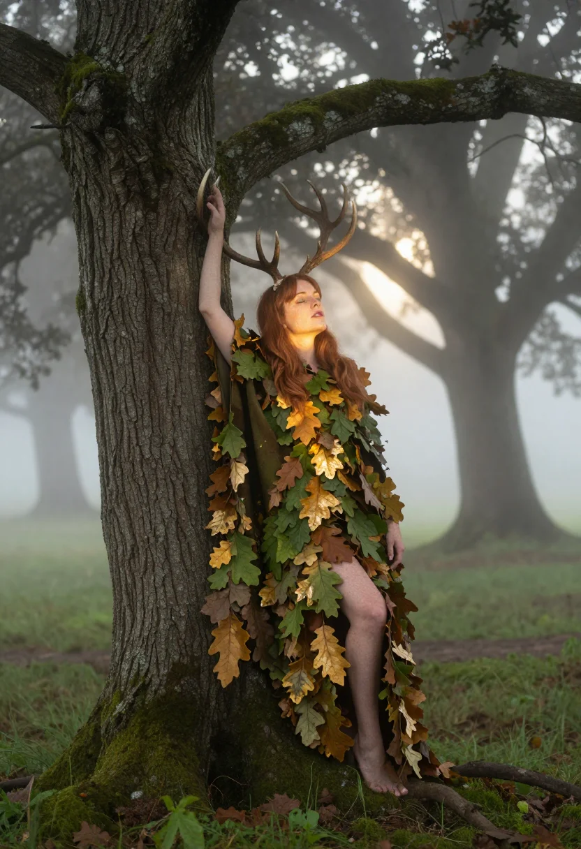 AI horned forest goddess sample — photograph of a woman, full-length three-quarter photograph in the mist