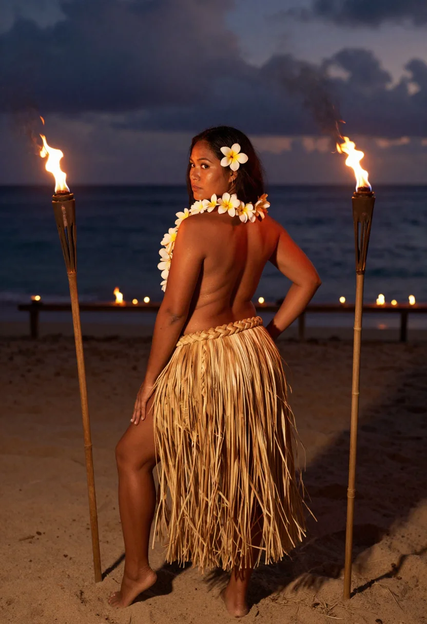 AI hula luau sample — photograph of a grown woman, Polynesian, with warm golden-brown skin, in profile at the luau, the grass skirt moving in the wind.