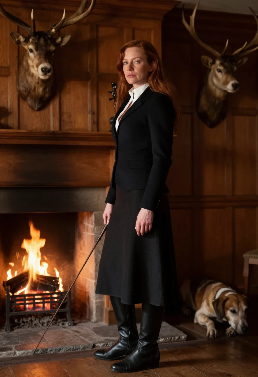 AI hunting lodge sample — portrait of a woman, full-length portrait of a Scottish woman in the riding habit, the antlers on the panelled wall behind her.